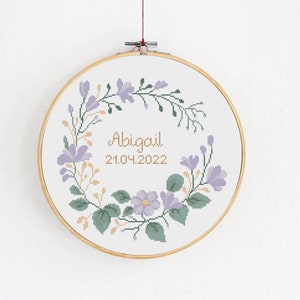 Baby girl birth announcement cross stitch pattern, Floral wreath nursery room decoration, Garland with violet flowers and leaves, DIY craft