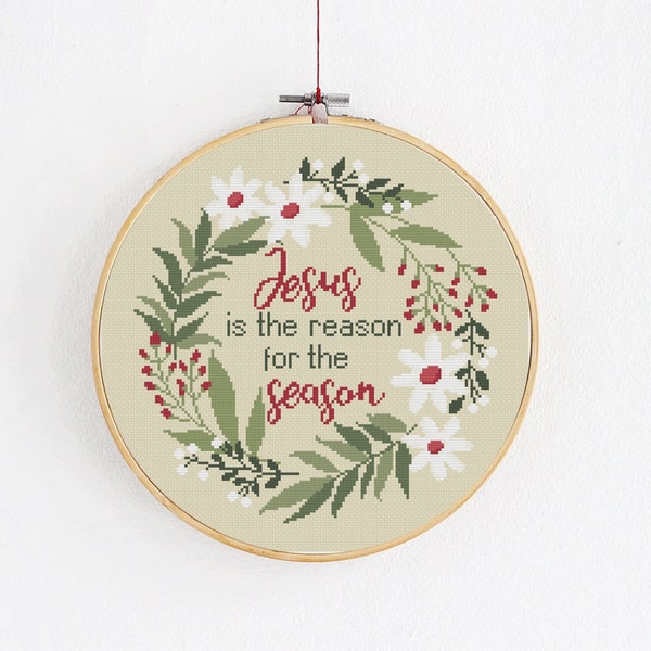 Jesus is the reason for the season cross stitch pattern, Christmas floral wreath in red, green, white color, Christian winter DIY project