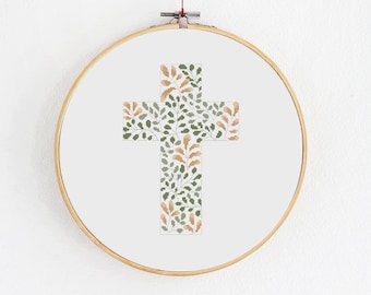 Christian cross stitch pattern, Cross with leaves embroidery, Religious wall decoration, Decoratiove crucifix with floral elements PDF file