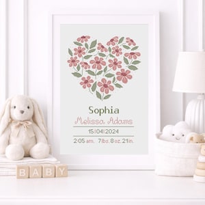 May include: A framed cross-stitch art piece featuring a heart-shaped arrangement of pink flowers and green leaves. The text reads Sophia, Melissa Adams, 15/04/2024, 2:05 am, 7lbs. 8oz. 21in. The design is displayed in a white frame on a white surface.
