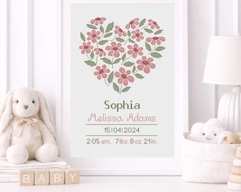 Könnte beinhalten: Ein gerahmtes Kreuzstichbild mit einem herzförmigen Arrangement aus rosa Blumen und grünen Blättern. Der Text lautet Sophia, Melissa Adams, 15/04/2024, 2:05 am, 7lbs 8oz, 21in. Das Design ist in einem weißen Rahmen auf einer weißen Fläche platziert.