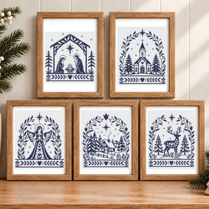 5 weihnachtliche Kreuzstichmuster im Folk-Stil, Krippenengel, Kirche, Hütte, Hirsch, skandinavisches Stickmuster (PDF-Set)