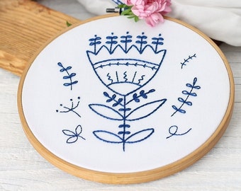 Flower hand embroidery pattern, scandinavian embroidery PDF, 6" hoop art, one color pattern, bluework embroidery