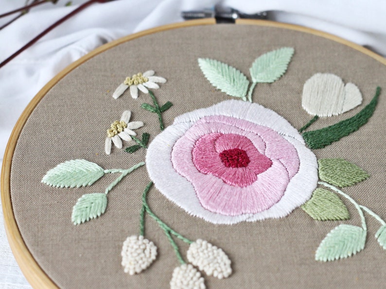 Hand embroidery pattern, Romantic floral bouquet with rose, Botanical DIY decoration, 6 inches hoop wall art decor, PDF tutorial with photos image 3