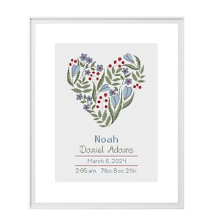 Padrão de ponto cruz com nome de menino ou menina, gráfico contado de anúncio de nascimento DIY, artesanato personalizado, arte de berçário floral, design botânico