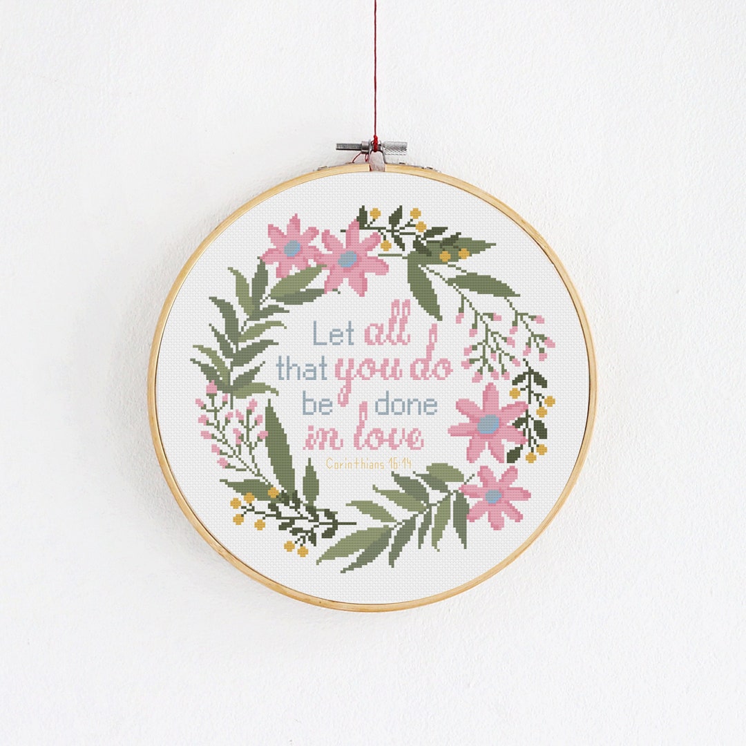 Bible Verse Cross Stitch Pattern, Floral Wreath With Religious Saying ...