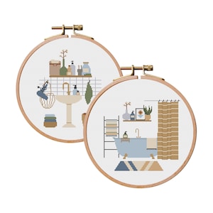 Bathoom scene cross stitch PDF pattern, Boho embroidery set, Country style wall decoration,  Washbasin counted chart, Cozy bath hoop scene