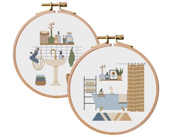 Bathoom scene cross stitch PDF pattern, Boho embroidery set, Country style wall decoration,  Washbasin counted chart, Cozy bath hoop scene