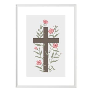 Religiöses Kreuzstich PDF Muster, Jesus Christus Kreuz und rosa Wildblumen, Modernes Stickhandwerk, Botanische DIY Wandkunst Dekoration
