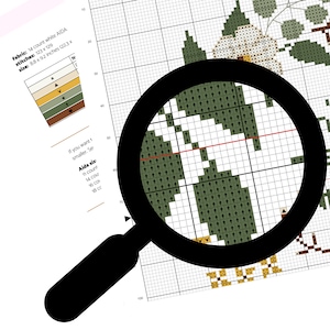 May include: A cross-stitch pattern with a floral design is viewed through a magnifying glass. The pattern includes text indicating the fabric is 14 count white AIDA, with dimensions of 8.8 x 9.2 inches. The magnifying glass is black.