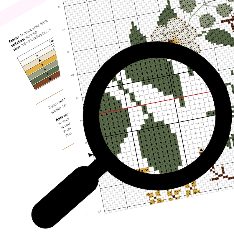 May include: A cross-stitch pattern with a floral design is viewed through a magnifying glass. The pattern includes text indicating the fabric is 14 count white AIDA, with dimensions of 8.8 x 9.2 inches. The magnifying glass is black.