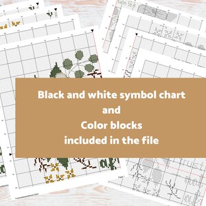 May include: A stack of cross-stitch pattern charts with a grid design. The charts feature botanical and geometric patterns in green, yellow, and brown. Text on a brown background reads "Black and white symbol chart and Color blocks included in the file."