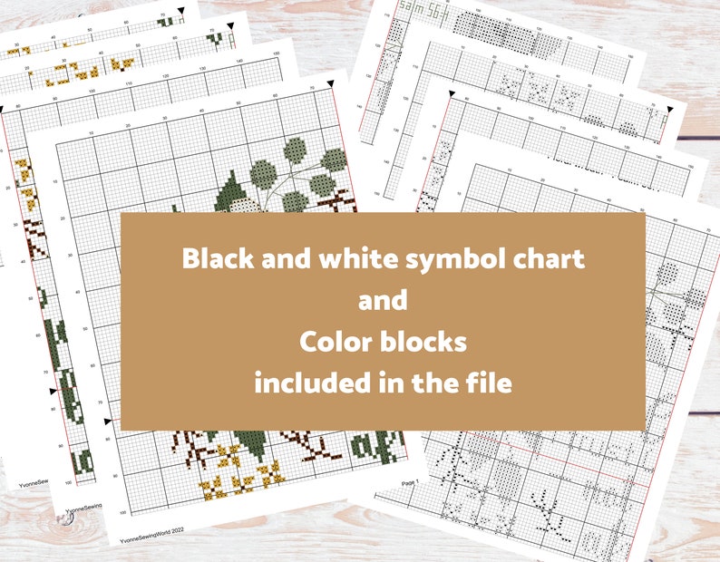 May include: A stack of cross-stitch pattern charts with a grid design. The charts feature botanical and geometric patterns in green, yellow, and brown. Text on a brown background reads "Black and white symbol chart and Color blocks included in the file."