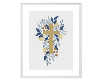 Jesus Christus Kreuzstichmuster, moderne religiöse Stickerei, Geschenk für Kirchgänger Person, Blumenkreuz Wohnzimmerdekoration