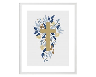 Jesus Christ Cross cross stitch pattern, Modern religious embroidery, Gift for churchgoing person, Floral cross living room decoration