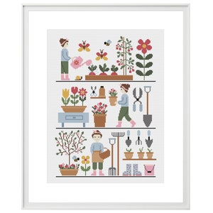 Garden scenes cross stitch PDF pattern, Funny plants lovers counted chart, Colorful country style design, Gardening time wall decoration