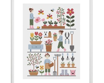 Gartenszenen Kreuzstich PDF Stickmuster, lustiges Wandbild für Pflanzenliebhaber, buntes Landhaus Design, Gartenzeit Wanddekoration