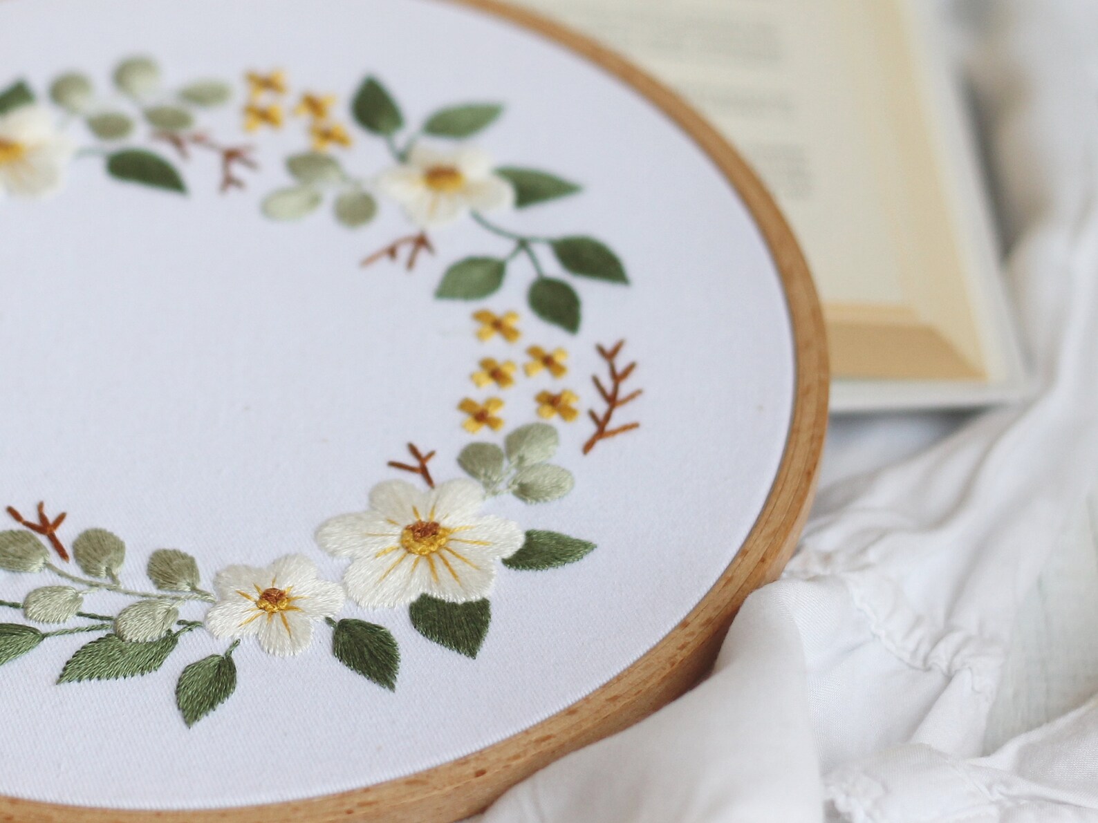 Floral Wreath Hand Embroidery Pattern White and Yellow - Etsy