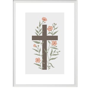 Kreuz in Wildblumen, Kreuzstich PDF Muster, christliche moderne Stickerei, religiöses Diagramm, Kruzifixentwurf mit botanischem Motiv