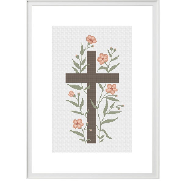 Kreuz in Wildblumen, Kreuzstich PDF-Muster, christliche moderne Stickerei, religiöse Zähltabelle, Kruzifix-Design mit botanischem Motiv