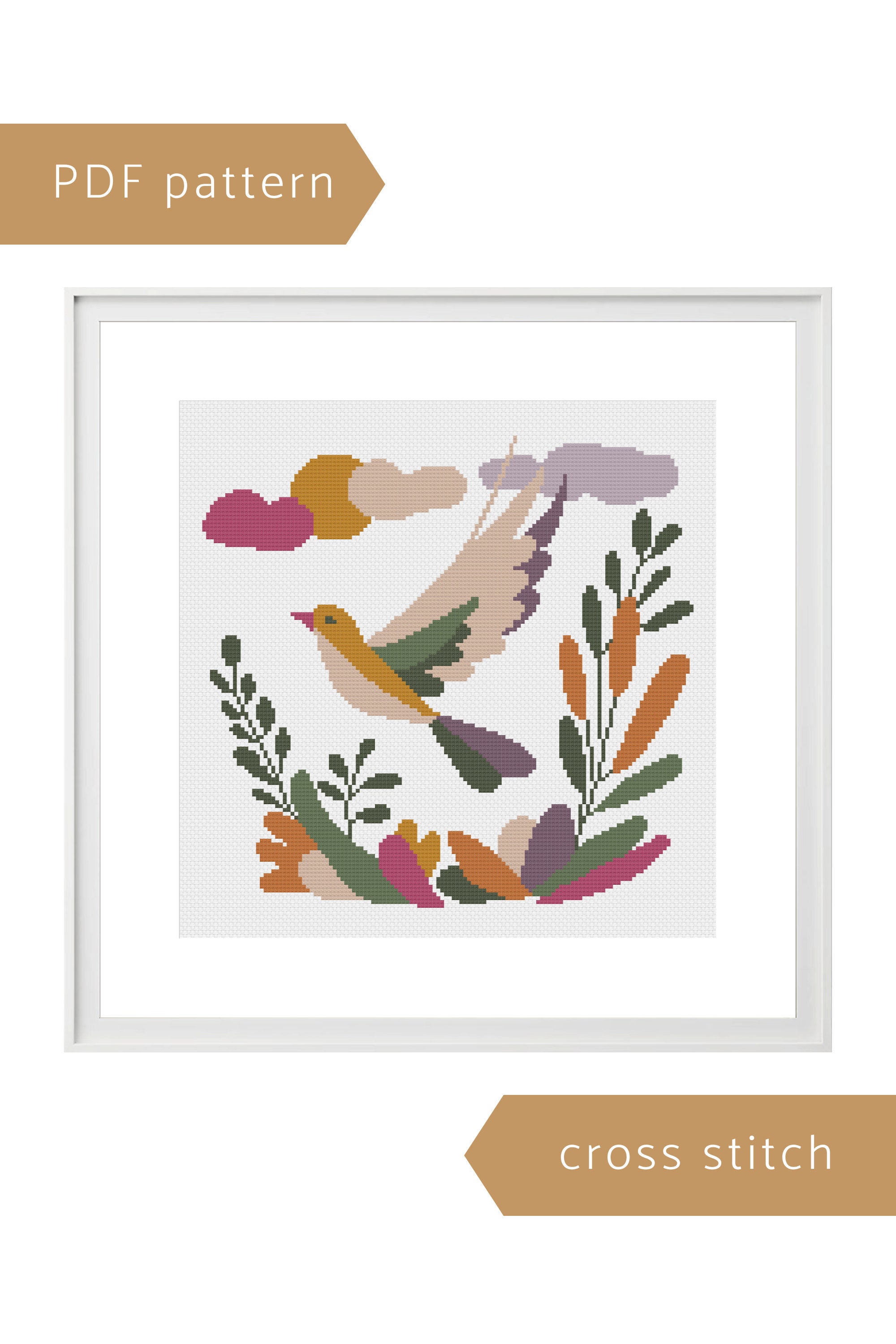 Colorful funny cross stitch PDF pattern, Flying bird in the plants, Modern DIY craft, Housewarming decoration, Vivid color animal wall art