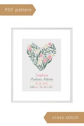 Baby girl birth announcement cross stitch pattern, Floral heart embroidery in spring color, DIY nursery room decoration, Personalized gift product logo