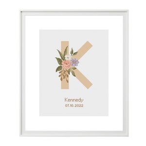 Patrón de punto de cruz del anuncio de nacimiento de la letra K, decoración de la pared del nombre de la niña, bordado de monograma floral, gráfico PDF contado, artesanía de bricolaje