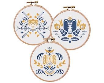 Modern Scandinavian cross stitch patterns, Geomatric animals embroidery, Set of three patterns - an owl, a bear, a fox, Nordic folk decor