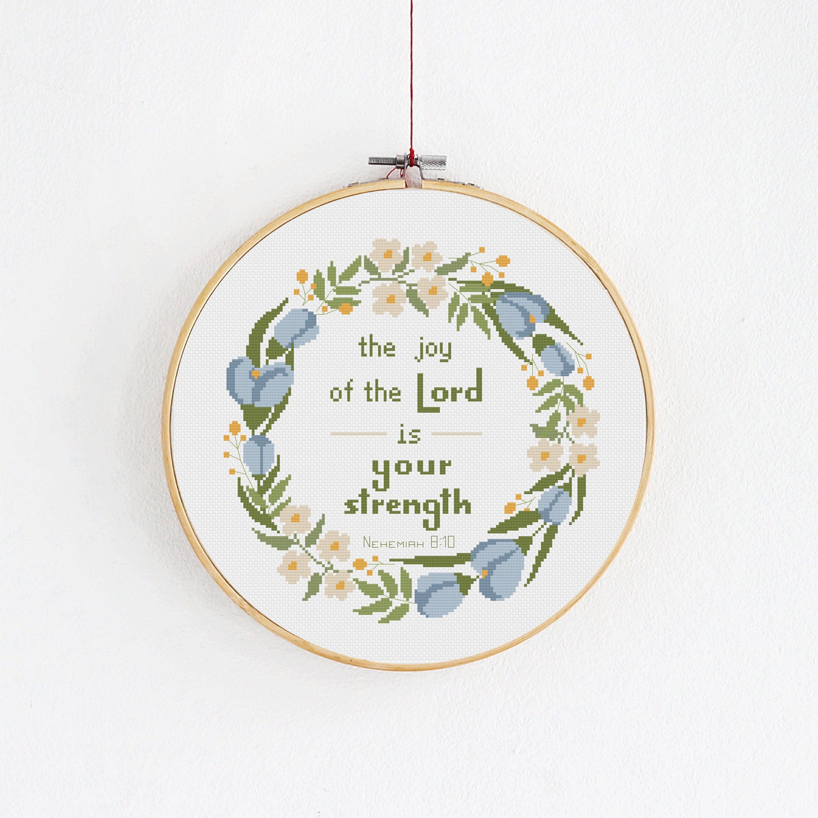 Bible Verse Cross Stitch Pattern, Modern Christian Embroidery, The Joy of the Lord - Nehemiah 8:10, Blue and Green Floral Wreath, PDF file