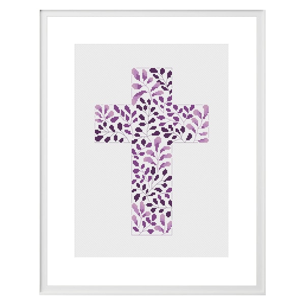 Christian cross stitch pattern in violet colors, Cross with leaves stitching, Religious wall decor, Crucifix with floral elements PDF file