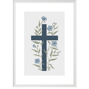 Cruz de Jesucristo en flores silvestres, Patrón PDF de punto de cruz religioso, Diseño floral botánico moderno, Flores y hojas azules minimalistas