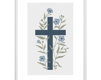 Jesus Christ cross in wildflowers, Religious cross stitch PDF pattern, Modern botanical floral design, Minimalistic blue flowers and leaves