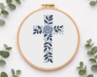Blue Floral Cross Stitch PDF — Christian Cross with Roses and Leaves
