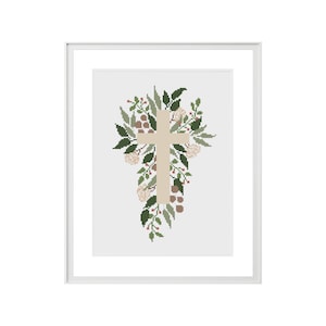 Patrón de bordado de cruz cristiana, punto de cruz de Jesucristo, cruz religiosa con hojas, decoración de pared de crucifijo botánico, aro floral