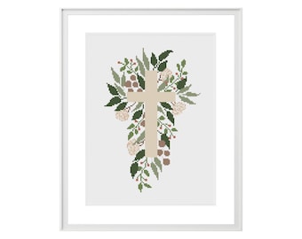 Christliches Kreuz Stickmuster, Jesus Christ Kreuzstich, Religiöses Kreuz mit Blättern, Botanische Kruzifix Wanddekoration, Floraler Stickrahmen
