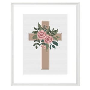 Religious cross stitch PDF pattern, Jesus Christ cross DIY decoration, Floral decor with roses and leaves, Crucifix craft with flowers
