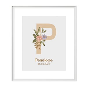Patrón de punto de cruz de anuncio de nacimiento de letra P, Decoración de pared con nombre de niña, Bordado de monograma floral, Gráfico en PDF contado, Artesanía de bricolaje