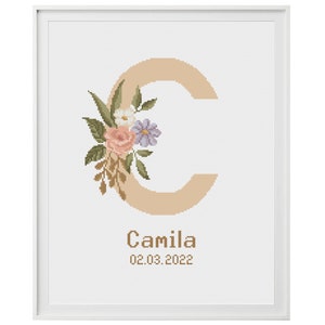 Patrón de punto de cruz de anuncio de nacimiento con letra C, Bordado de monograma floral, Tabla PDF contada, Decoración de pared con nombre de niña, Artesanía de bricolaje