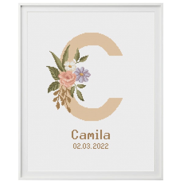 Letter C birth annoucement cross stitch pattern, Floral monogram embroidery, Counted PDF chart, Baby girl name wall decoration, DIY craft