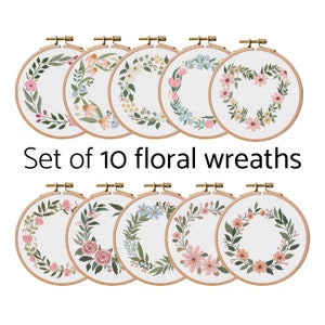 Floral Wreath Cross Stitch Patterns: Set of 10 Borders, 4 Alphabets (PDF Pattern)