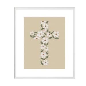May include: Cross stitch pattern featuring a white cross made of flowers with green leaves on a beige background. The pattern is titled "cross stitch" and "PDF pattern".