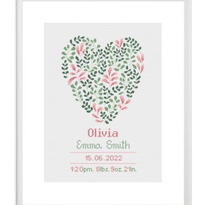 Green and pink floral heart cross stitch pattern, Baby girl birth announcement, Modern delicate leaves embroidery, DIY personalized wall art