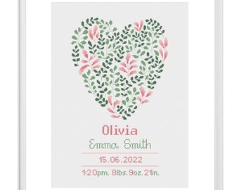 Green and pink floral heart cross stitch pattern, Baby girl birth announcement, Modern delicate leaves embroidery, DIY personalized wall art