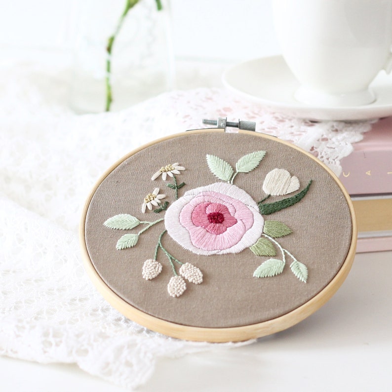 Hand embroidery pattern, Romantic floral bouquet with rose, Botanical DIY decoration, 6 inches hoop wall art decor, PDF tutorial with photos image 6
