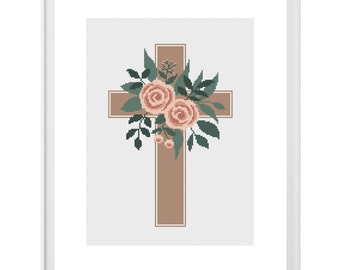 Flowers and cross cross stitch pattern, Religious modern decoration, Catholic stitching template, Floral DIY gift for mum, Roses and leaves