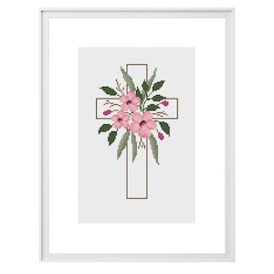 Religious cross stitch PDF pattern, Jesus Christ cross embroidery, Christian floral romantic decoration, Pink flowers catholic DIY craft