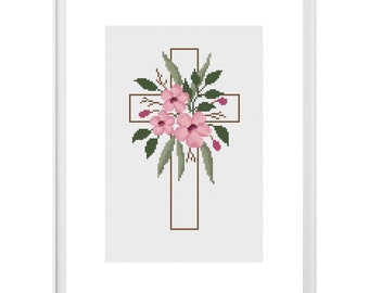 Religious cross stitch PDF pattern, Jesus Christ cross embroidery, Christian floral romantic decoration, Pink flowers catholic DIY craft