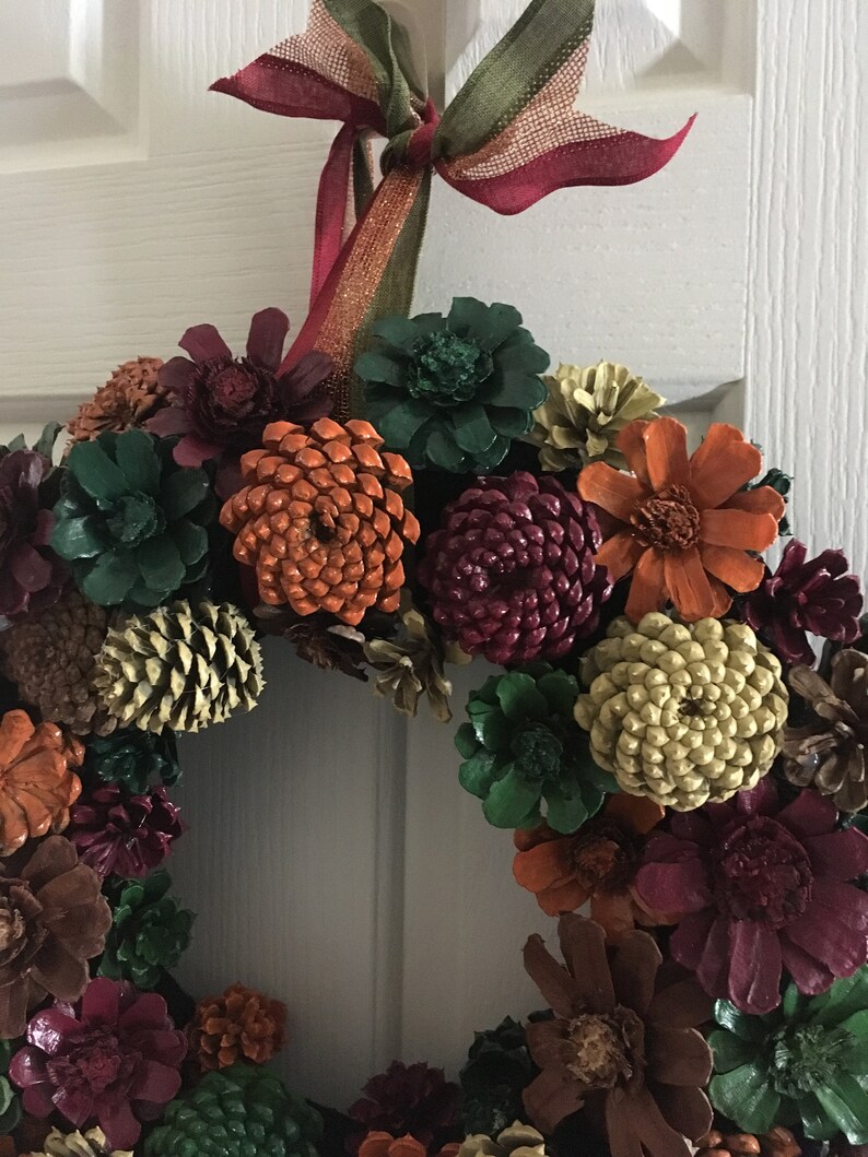 FALL pine cone flower door wreath 18 Etsy