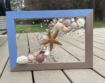 NEW painted frame epoxy resin sea glass shell beach art 16"x12" starfish sand dollar shell w/pearl