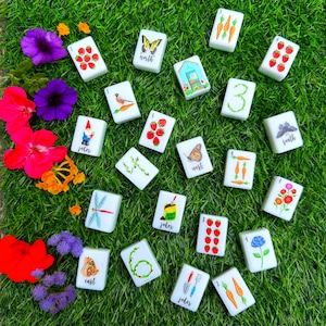 Pode incluir: Um conjunto de pe&ccedil;as retangulares brancas de mahjong com ilustra&ccedil;&otilde;es coloridas de elementos de jardim, incluindo morangos, cenouras, borboletas, flores, um gnomo de jardim, uma estufa e ferramentas, com etiquetas north, south, east, west e joker.